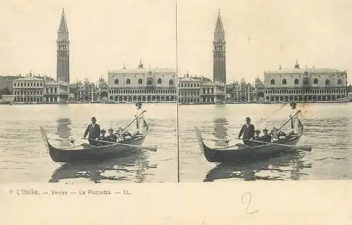 Stereographic image postcard Italy Venice la piazzetta San Marco gondola