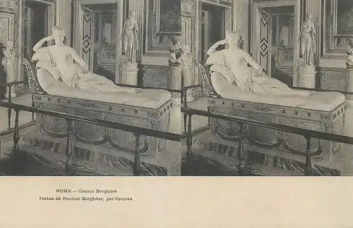 Stereographic image ( Julien Damoy ) postcard Italy Rome Casino Borghese statue de Pauline Borghese par Canova