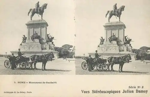 Stereographic image ( Julien Damoy ) postcard Italy Rome Monument de Garibaldi carriage