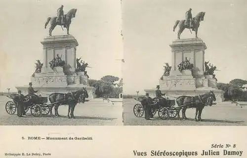 Stereographic image ( Julien Damoy ) postcard Italy Rome Monument de Garibaldi carriage