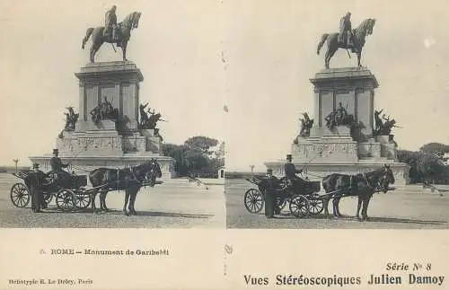 Stereographic image ( Julien Damoy ) postcard Italy Rome Monument de Garibaldi carriage