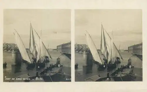 Stereographic image postcard Egypt Cairo Pont de Kasr El Nil sailship