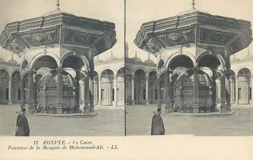 Stereographic image postcard Egypt Cairo fontaine de la Mosque de Mohammed Ali