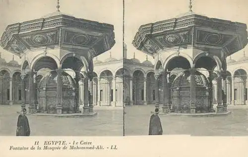 Stereographic image postcard Egypt Cairo fontaine de la Mosque de Mohammed Ali