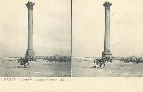 Stereographic image postcard Egypt Alexandrie la colonne de Pompee