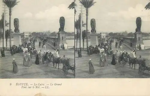 Stereographic image postcard Egypt CAIRO Le grand pont sur le Nil