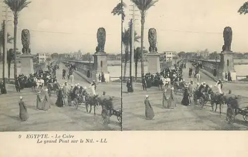Stereographic image postcard Egypt CAIRO Le grand pont sur le Nil