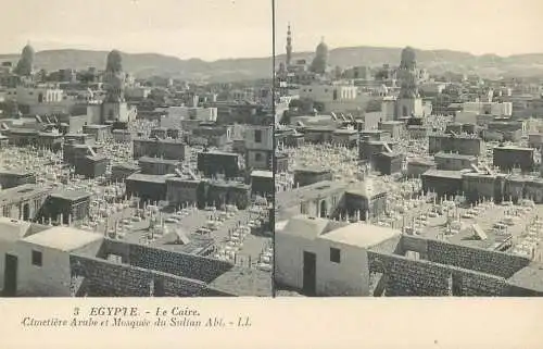 Stereographic image postcard Egypt CAIRO cimetiere Arabe et Mosque du Sultan Abi