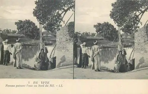 Stereographic image postcard Egypt CAIRO femme puisant l'eau au bord du Nil