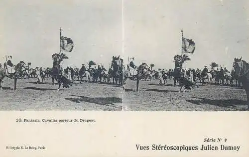 Vues Stereoscopiques Julien Damoy Algeria Algiers Fantasia cavalier porteur du Drapeau