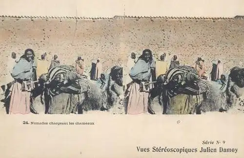 Vues Stereoscopiques Julien Damoy Algeria Algiers Nomades chargeant les chameaux