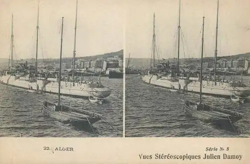 Vues Stereoscopiques Julien Damoy Algeria Algiers harbour boat and sailship
