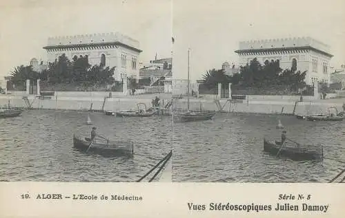 Vues Stereoscopiques Julien Damoy Algeria Algiers harbour boat and ecole de Medicine