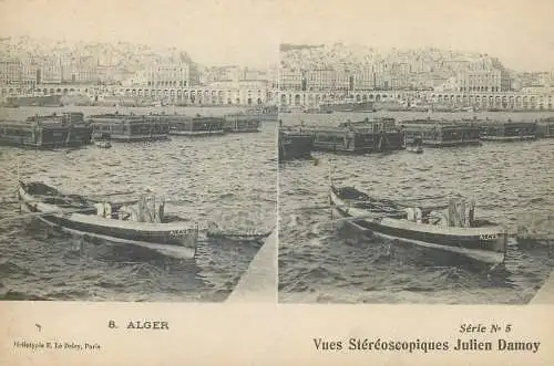 Vues Stereoscopiques Julien Damoy Algeria Algiers harbour boat and barges