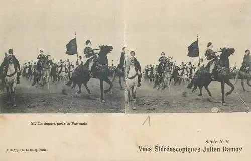 Vues Stereoscopiques Julien Damoy Algeria Algiers Fantasia cavalier porteur du Drapeau