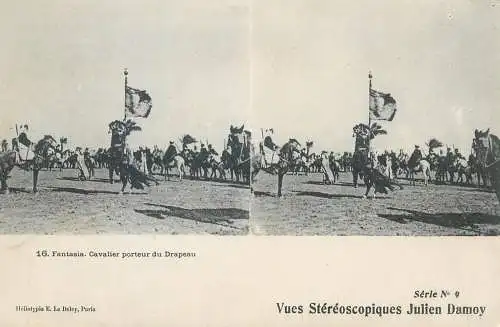 Vues Stereoscopiques Julien Damoy Algeria Algiers Fantasia cavalier porteur du Drapeau