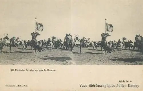 Vues Stereoscopiques Julien Damoy Algeria Algiers Fantasia cavalier porteur du Drapeau