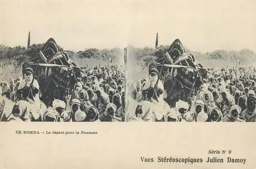 Vues Stereoscopiques Julien Damoy Algeria BISKRA la depart pour la Fantasia
