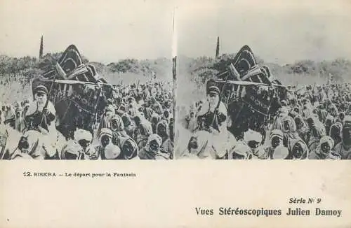 Vues Stereoscopiques Julien Damoy Algeria BISKRA la depart pour la Fantasia