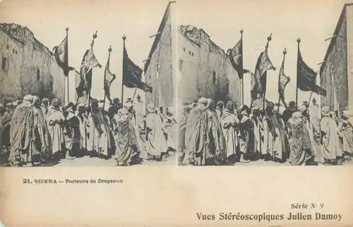 Vues Stereoscopiques Julien Damoy Algeria BISKRA porteurs de drapeaux
