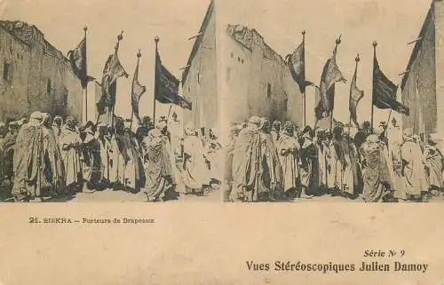 Vues Stereoscopiques Julien Damoy Algeria BISKRA portreurs de Drapeaux