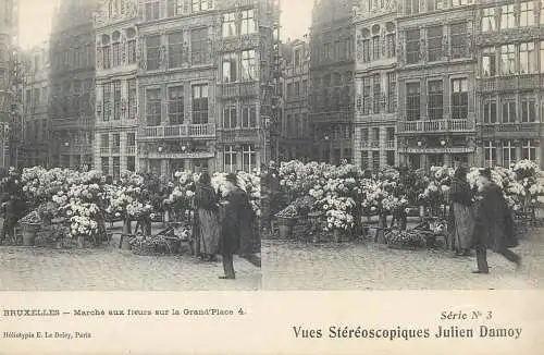 Vues Stereoscopiques Julien Damoy BRUXELLES marche aux fleurs sur la Grand Place