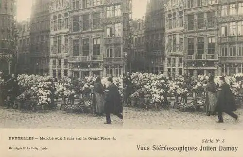 Vues Stereoscopiques Julien Damoy BRUXELLES marche aux fleurs sur la Grand Place