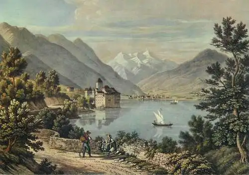 Switzerland Le Chateau de Chillon & Les Dents du Midi d'apres un gravure ancienne du XIX siecle