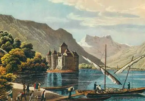 Switzerland La Chateau de Chillon & Les Dents du Midi d'apres un gravure ancienne du XIX siecle