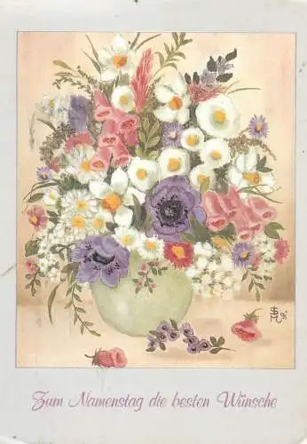 Name Day greetings colourful vase floral arrangement signed illustration