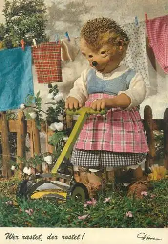 Mecki Hedgehog woman mowing the lawn