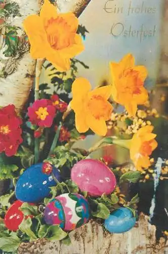 Easter greetings daffodils and painted eggs