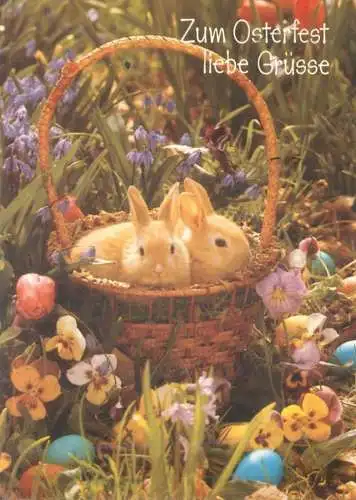 Easter Holiday greetings rabbits pencilled eggs colourful flowery meadow detail aspect