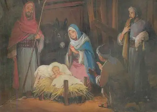 Christmas Holiday greetings Holy Family Shepherds adoring the Child