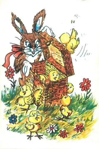 Rabbits and Chicken on flowery field drawing