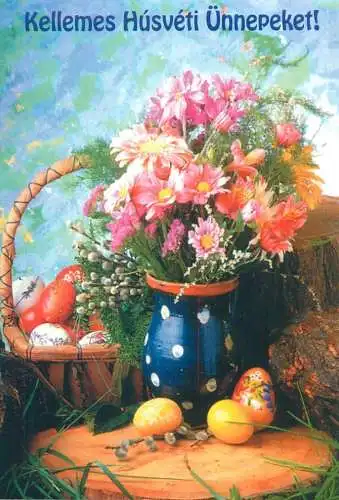 Easter greetings colourful floral arrangement and pencilled eggs