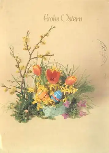 Easter greetings colourful floral basket arrangement painted eggs