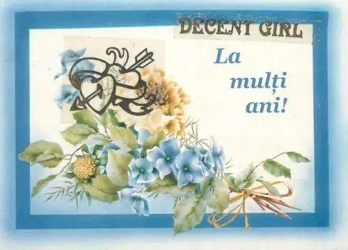 Anniversary greetings postcard colourful flower bouquet arrow pierced joined hearts