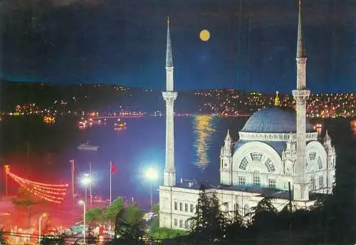 Turkey Istanbul Dolmabahce Mosque and Bosphorus nocturnal view