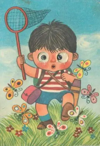 Children illustration drawing boy chasing butterflies mechanical moving eyes