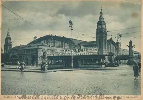 Postcard Germany Hambrug train station clock tower