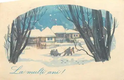 Winter Holidays greetings children types sledding winter day illustration