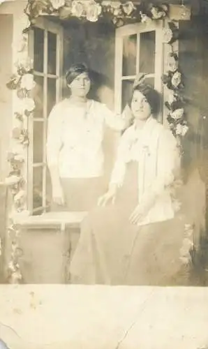 Social History elegant ladies photo roses decorated window scenery