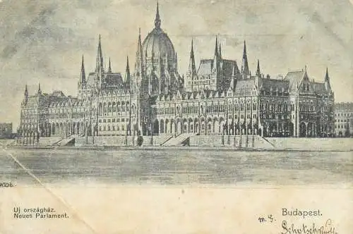 Postcard HUngary Budapest New Parliament and Danube etch