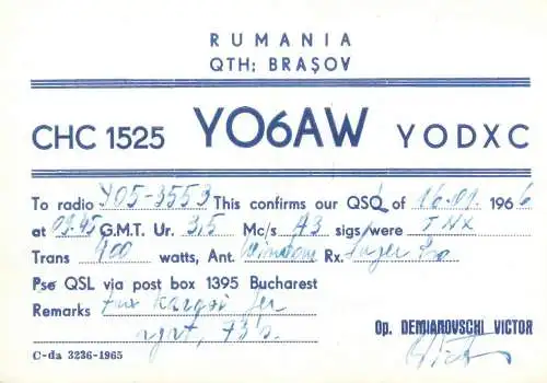 Postcard Radio amateur QSL card YO6AW Romania Brasov