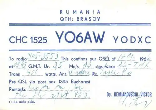 Postcard Radio amateur QSL card YO6AW Romania Brasov