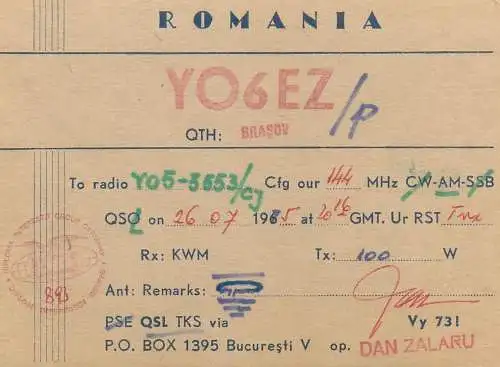 Postcard Radio amateur QSL card YO6EZ Romania Brasov