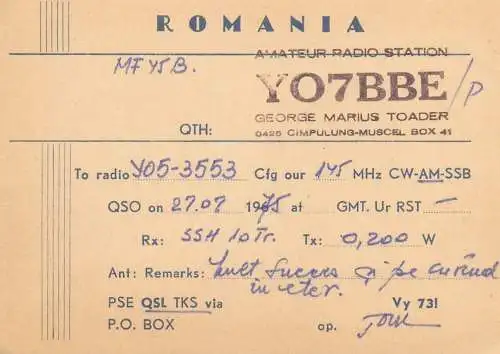 Postcard Radio amateur QSL card YO7BBE Romania Campulung Muscel