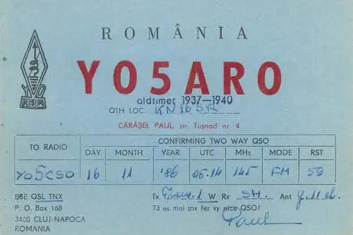 Postcard Radio amateur QSL card Y05ARO Carasel Paul Romania