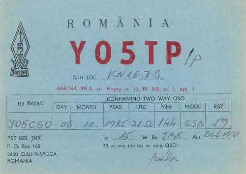 Postcard Radio amateur QSL card Y05TP Romania Cluj